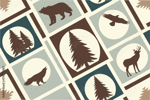 Stylized silhouette seamless pattern design with vibrant color accents and geometric elements ideal for backgrounds and textiles