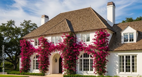 Elegant Colonial Style House with Lush Vines.