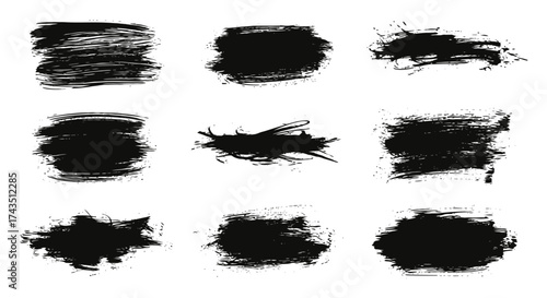 Grungy black brush strokes create dynamic textures and abstract shapes perfect for artistic backgrounds, striking elements and bold design projects