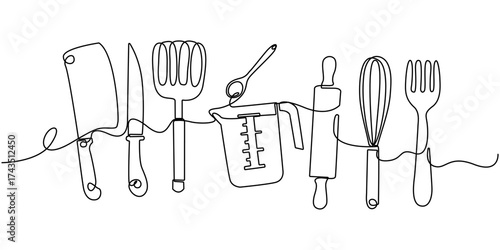 Continuous one line drawing of kitchen utensils including spoon, fork, knife, ladle, spatula, and turner, Minimalist cooking concept, Vector illustration, Editable stroke, Cooking and kitchen tools.

