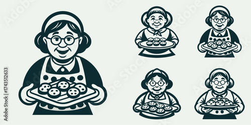 A set of five vintage-style illustrations of a smiling grandmother holding a tray of fresh cookies.