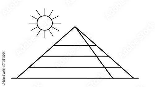 Minimalist ancient pyramid line art with sun