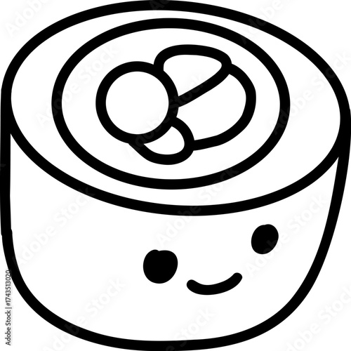 Kawaii sushi roll food icon for coloring book. Vector japanese roll character for adult self care stress relief. Cute bold line personage with rice and shrimp