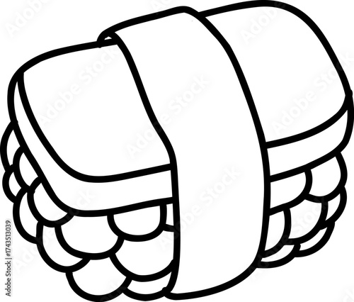 Kawaii sushi food icon for coloring book. Vector japanese roll character for adult self care stress relief. Cute bold line personage with rice and tuna