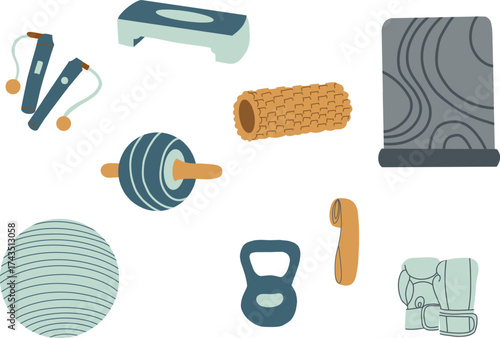 Cartoon gym equipment icons for sport and fitness. Vector workout accessories for home training. Wellness ball, kettlebell, rope, yoga mat, elastic band, exercise roller, boxer gloves