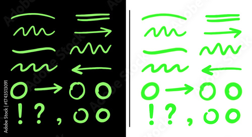 Handwritten green neon arrows and punctuation marks on black and white backgrounds for design elements and creative projects