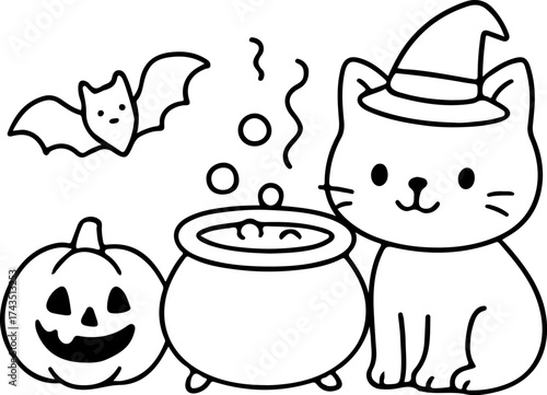 Cartoon Halloween cat in witch hat coloring page. Vector holiday colouring book for kids and adults for stress relief. Preschool printable sheet with kitty, pumpkin, bat and cauldron