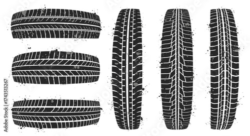 Grungy tire track designs with splatter effect offer a bold, dynamic visual element for automotive designs and racing event promotions