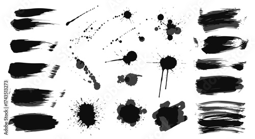Unique collection of bold black ink brush strokes and splatters for creative designs, perfect for adding artistic accents to any project
