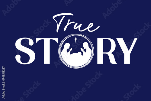 True story - Christmas concept with silhouettes of Christian Nativity. Holiday concept for church poster or banner with text and Silent Night scene. Vector illustration