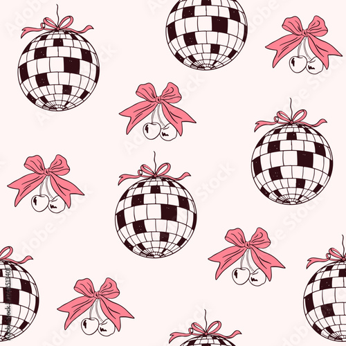 Hand drawn whimsical coquette seamless pattern. Vintage background with disco ball and cherry for wedding invitation, valentine day. La dolce vita. Vector romantic wallpaper, wrapping paper, textile