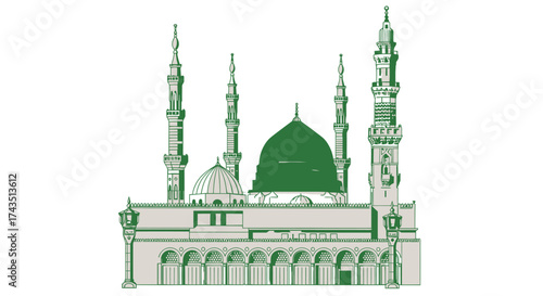 Majestic Masjid an Nabawi illustration perfect for Ramadan designs, travel posters, or educational materials with a beautiful green dome design