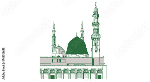 Magnificent Al-Masjid an-Nabawi illustration showcasing the iconic Green Dome and minarets, a symbol of Islamic heritage and architectural grandeur