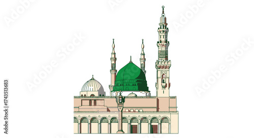Visit the Prophet's Mosque in Medina, Saudi Arabia and experience the spiritual beauty of this holy Islamic landmark with its elegant architecture