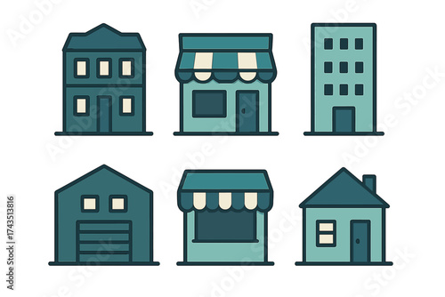 Flat design icons of residential houses, commercial storefronts, and apartment buildings