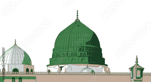 Magnificent Masjid an Nabawi dome illustration, perfect for Ramadan, Eid, and Middle Eastern travel concepts, vibrant colors and intricate design