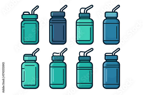 Reusable sports water bottles with straws in various shades of blue and teal