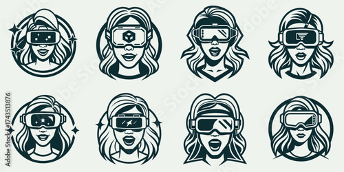 Collection of eight stylized illustrations featuring women wearing virtual reality headsets, in various poses.