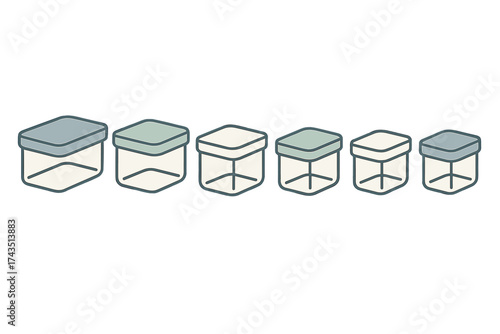 Row of six different sized plastic food storage containers with colored lids