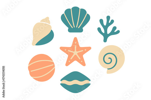 Stylized collection of marine life elements including seashells, starfish, and sea coral