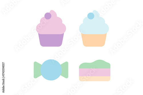 Set of flat design icons featuring sweet desserts and confectionery treats in pastel colors