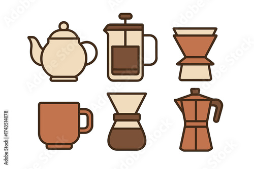 Set of six different coffee and tea making appliances and drinkware items