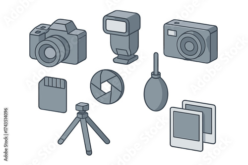 Isometric set of essential photography equipment icons including cameras flash and tripod