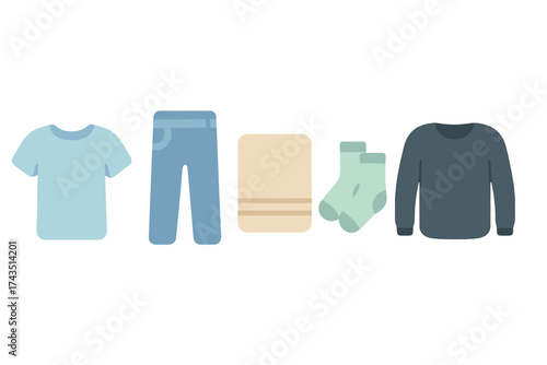Minimalist set of casual garments and laundry items including shirt, pants, socks, and sweater