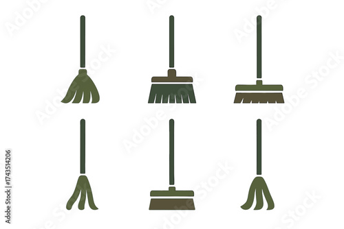 Different styles of household cleaning tools including brooms and floor brushes