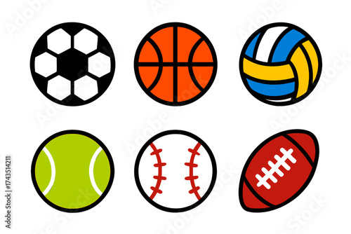 Set of six popular sports balls for soccer basketball volleyball baseball and football
