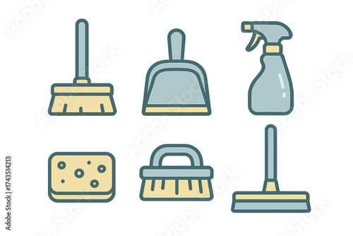 Essential household cleaning tools and equipment icons set in flat design style