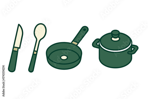 Collection of common kitchen utensils and cookware including knife spoon frying pan and pot