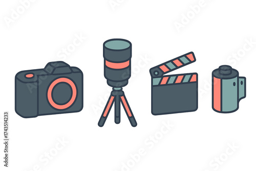 Set of professional media production tools featuring a digital camera, telephoto lens, film slate, and analog film canister