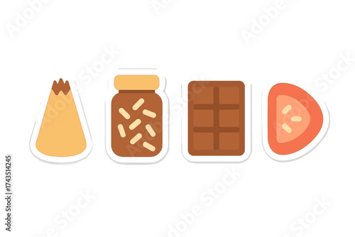 Minimalist graphic elements for sweet snacks including chocolate bar, nut spread jar, and pastry cone