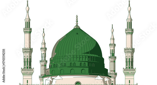 Elegant Nabawi Mosque illustration with minarets and green dome for Ramadan, Eid al-Adha, and Islamic events design projects
