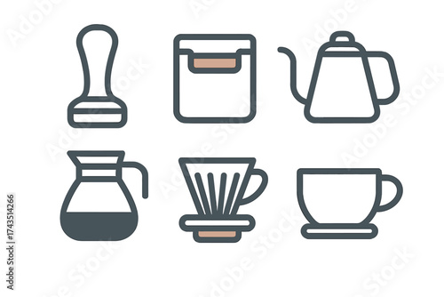 Essential coffee brewing equipment tools including tamper kettle dripper and server