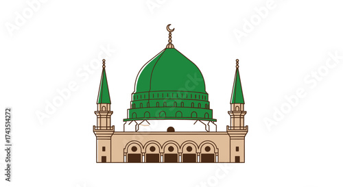 Stunning illustration of the Prophet's Mosque in Medina with vibrant green dome and minarets on white for religious designs and celebrations