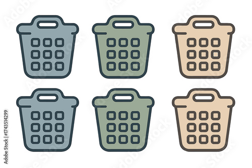 Colorful set of six laundry baskets and hampers for household cleaning chores