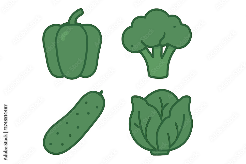 Naklejka premium Set of four fresh green vegetable icons: bell pepper, broccoli, cucumber, and cabbage