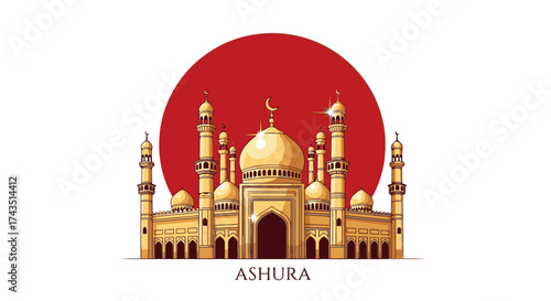 Golden mosque illustration for Ashura celebrations, a vibrant cultural symbol for Islamic holidays and religious events, a peaceful design.