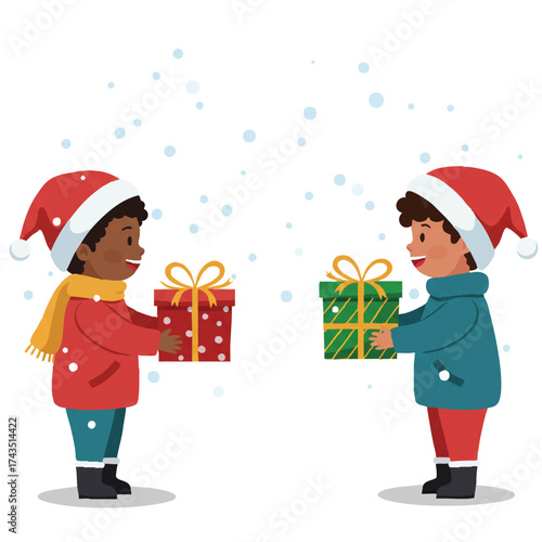A boy and a girl happily exchange brightly wrapped Christmas gifts in a charming 2D flat vector illustration, with a soft winter background and gently falling snow.