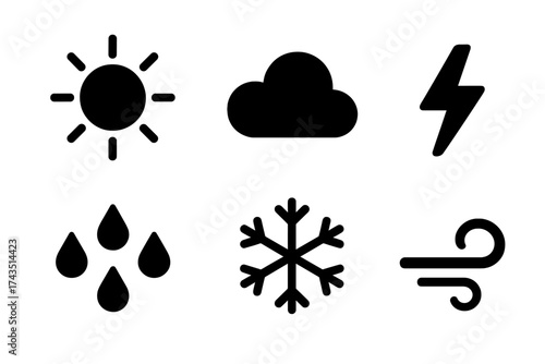 Simple black silhouette set of essential weather icons including sun, cloud, rain, snow, lightning, and wind