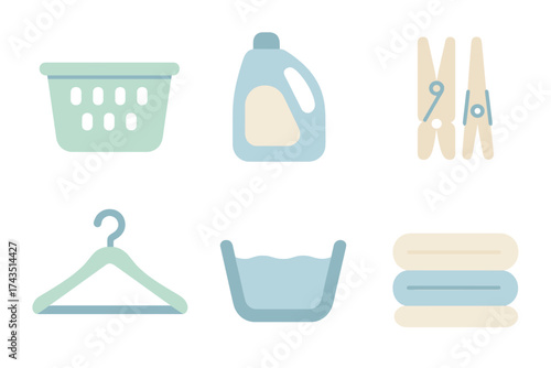Essential laundry tools and supplies represented by flat design icons