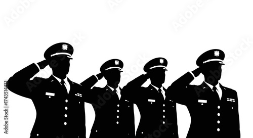 Respectful silhouette of uniformed officers saluting in solidarity against a white background for powerful patriotism and honor themed designs