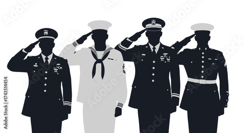 Saluting brave military personnel from different branches showcasing honor and service to the country, perfect for patriotic themes and celebrations