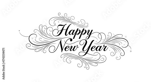 Ornate Happy New Year wishes with elegant swirls and sparkling accents for festive greetings and celebratory designs this holiday season