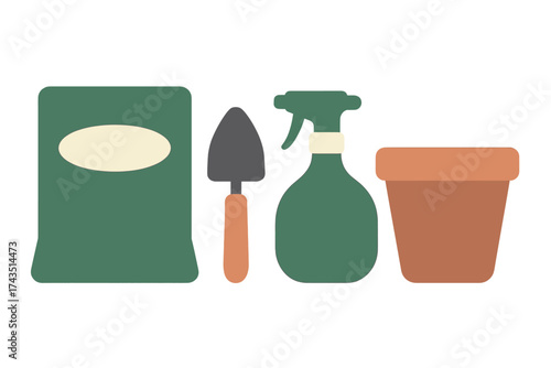Basic set of gardening supplies featuring a trowel, spray bottle, seed bag, and terracotta flower pot