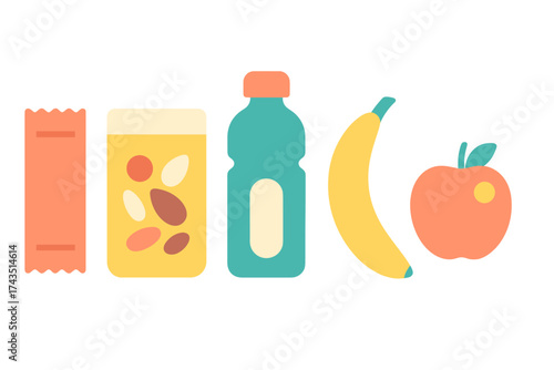 Healthy snacks and drinks collection featuring fruit, nuts, energy bar, and water bottle for fitness and diet