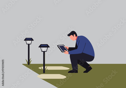 A man inspects solar lights outdoors, using a tablet. Modern, minimalist illustration with a focus on outdoor lighting and technology. Suitable for lifestyle and tech themes.