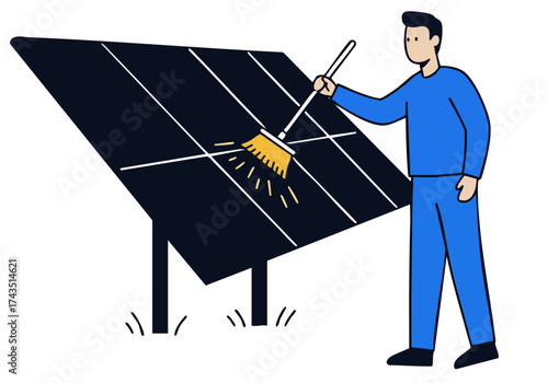 A man inspects solar panels with a brush, highlighting maintenance and renewable energy. Clean, modern illustration for sustainability concepts.
